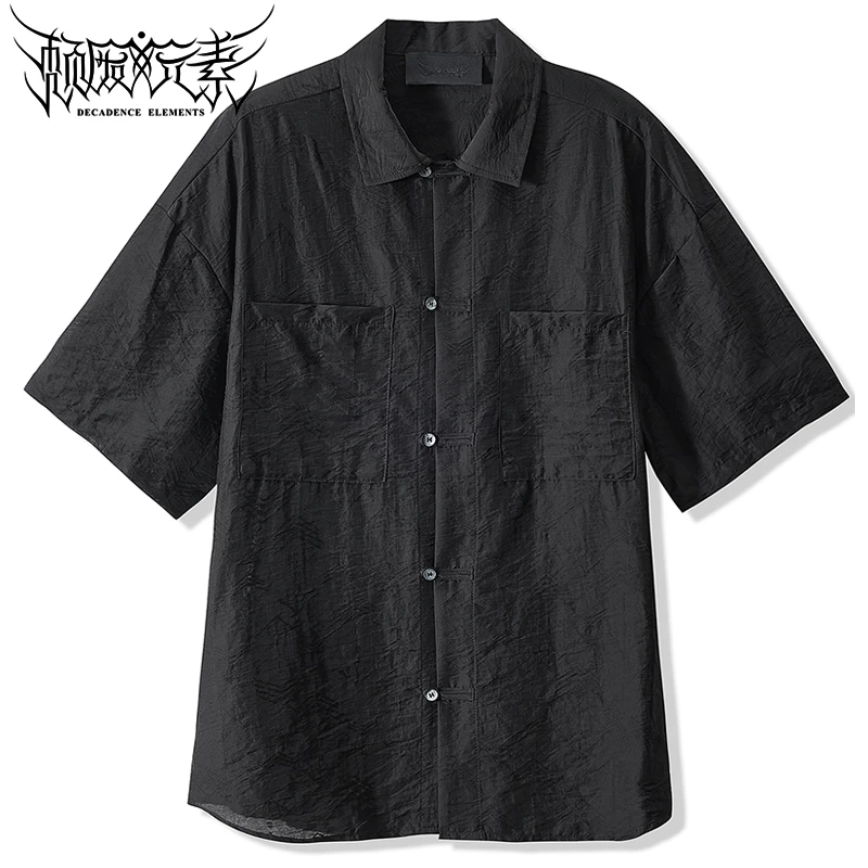 时尚高档新中式衬衣黑古着国风衬衫阳光系休闲夏季凉透气宽松短袖
