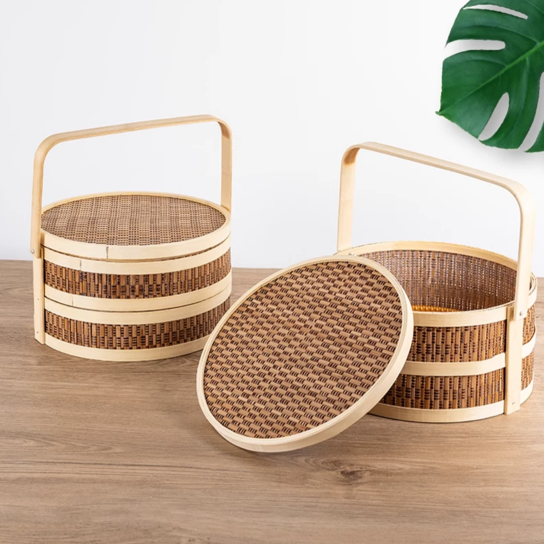 2025双层圆形年中秋新款竹篮子插花篮子摆盘复古风竹包装空礼盒