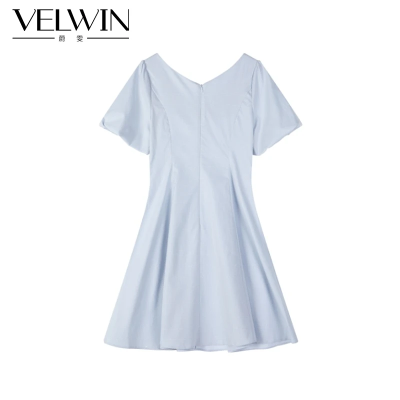 velwin蔚雯2023年夏季新款蓝色时尚泡泡袖简约连衣裙女MELL345A21