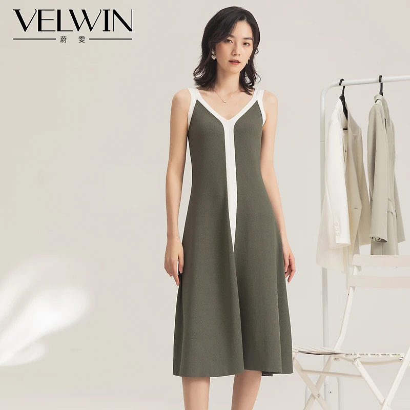 velwin蔚雯春秋新款简约优雅无袖V领气质连衣裙女LELL052C04