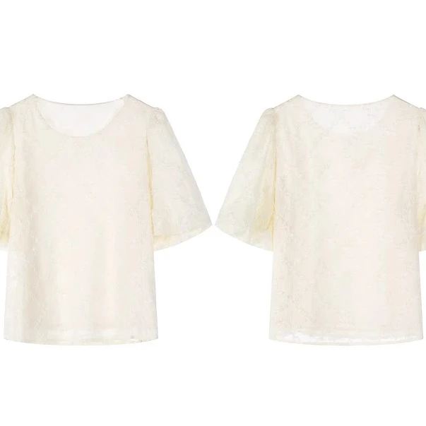 velwin蔚雯新款米白圆领简约文艺泡泡袖上衣女MGSS486C21