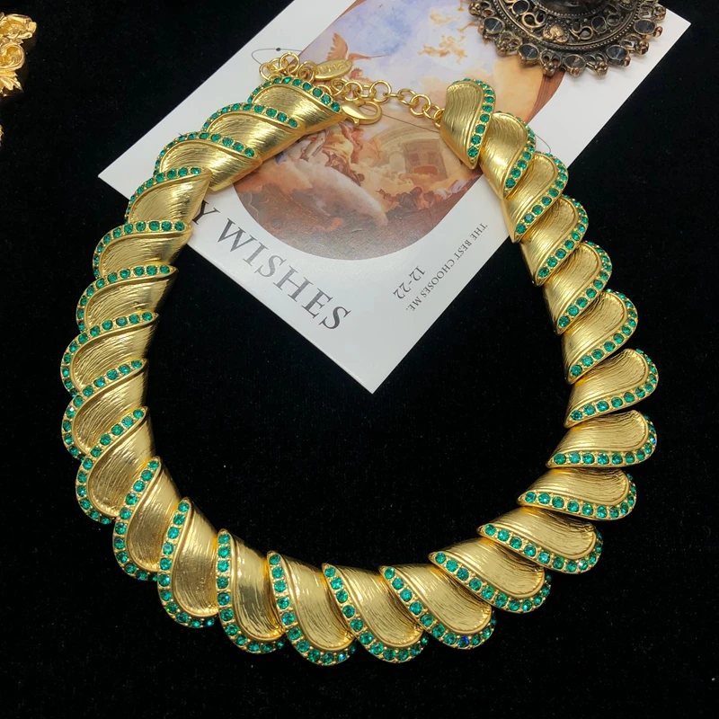 铜项链 西洋中古风短款镶钻项链叠层设计拉丝效果高档毛衣链