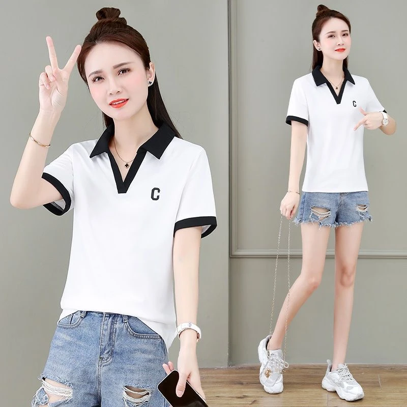 2024夏装新款洋气翻领洋气减龄宽松显瘦C字刺绣上衣短T恤女polo衫