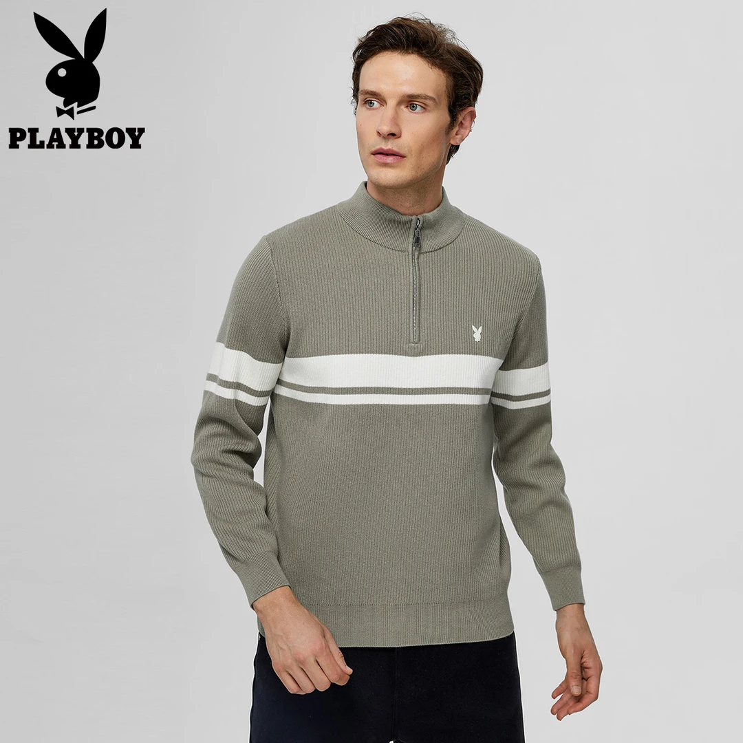 花花公子2024新款休闲保暖长袖内搭立领拉链撞色毛衣外穿针织男