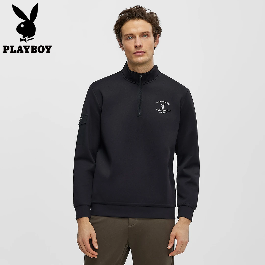 花花公子2025春季新款立领男士长袖卫衣舒适保暖宽松拉链半开长袖