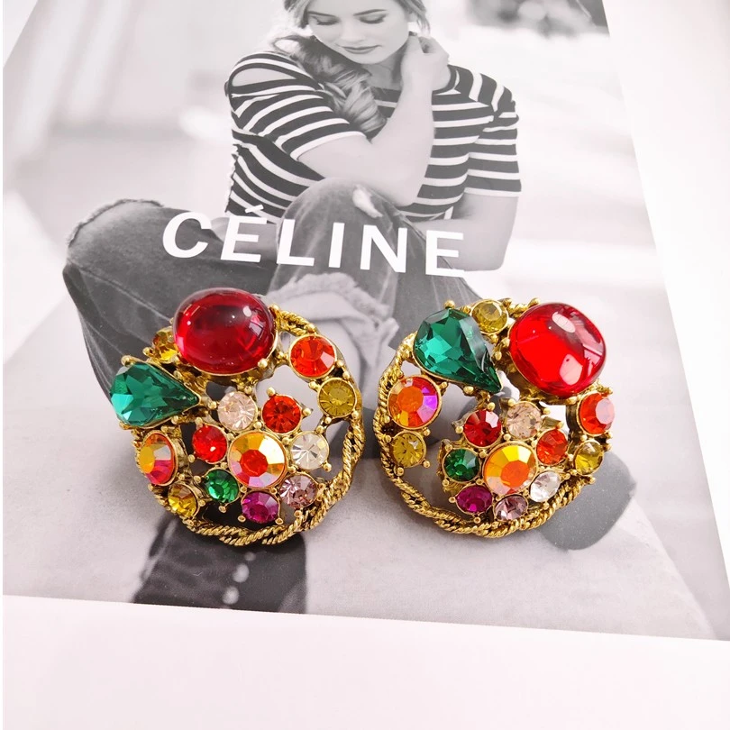 合金合成锆石耳饰 vintage中古风红色耳环耳钉设计师款【1178】