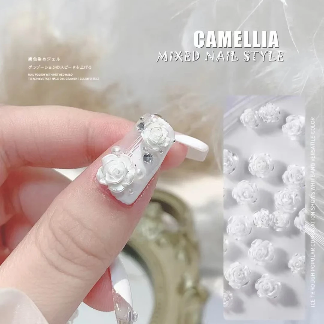 网红爆款山茶花美甲饰品白色冰透立体花朵百搭仙气玫瑰花指甲配饰