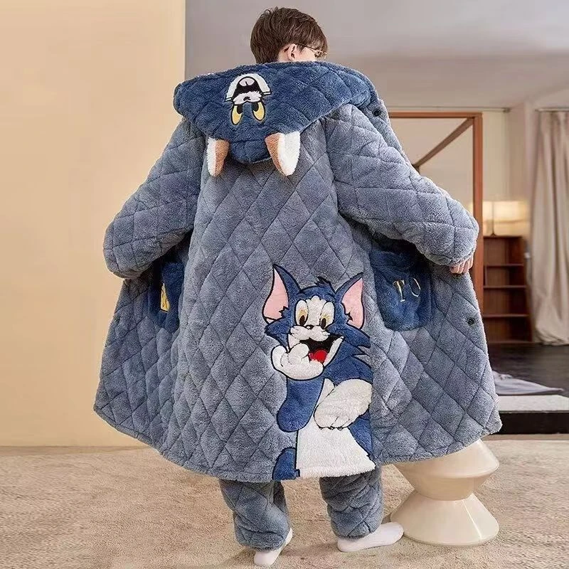 三层夹棉睡袍男冬季法兰绒加厚长款男士睡衣冬款珊瑚绒家居服套装