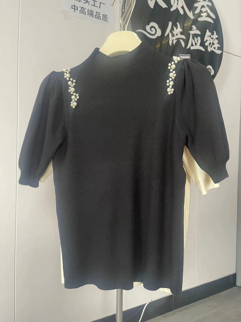 泡泡袖泡珠半袖针织衫女秋季新款套头简约通勤打底衫直角肩上衣