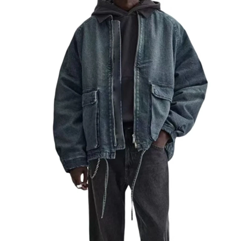 潮牌男装棉衣秋冬新品夹克水洗牛仔宽松简约夹棉时尚撞色领外套
