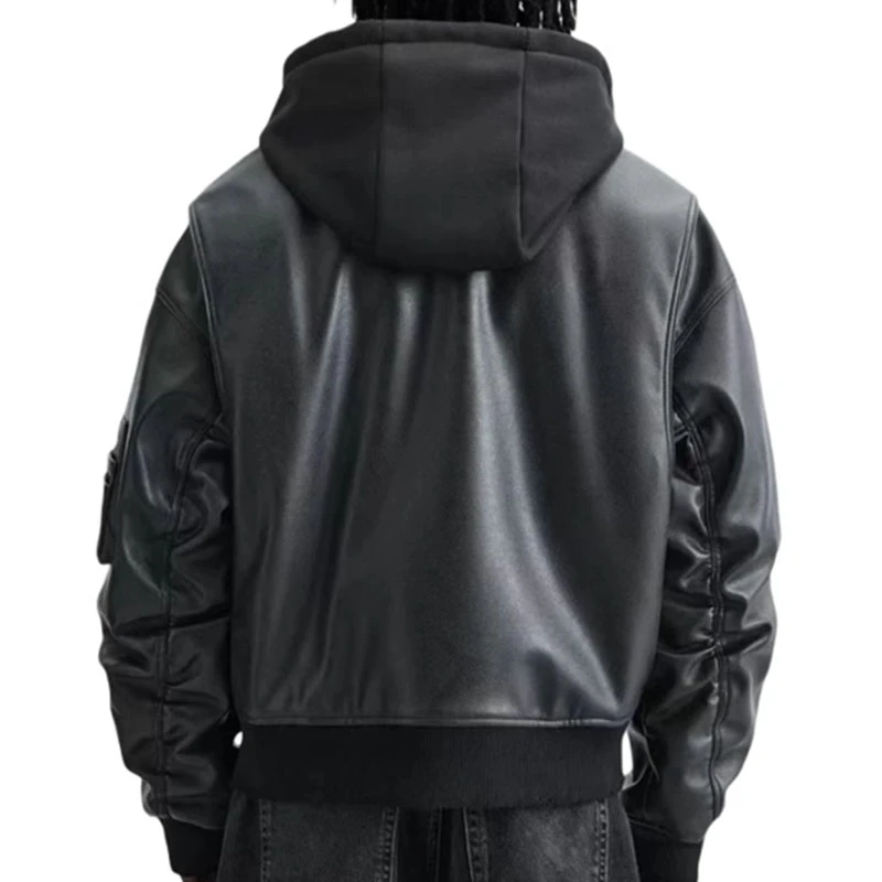 秋冬新品男装轻奢仿皮棉衣宽松连帽拉链皮衣飞行员夹克棉衣外套潮