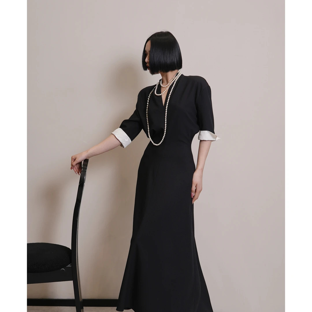 【方尘】新中式极简老钱假三件领结衬衫袖V领显瘦长款中袖连衣裙