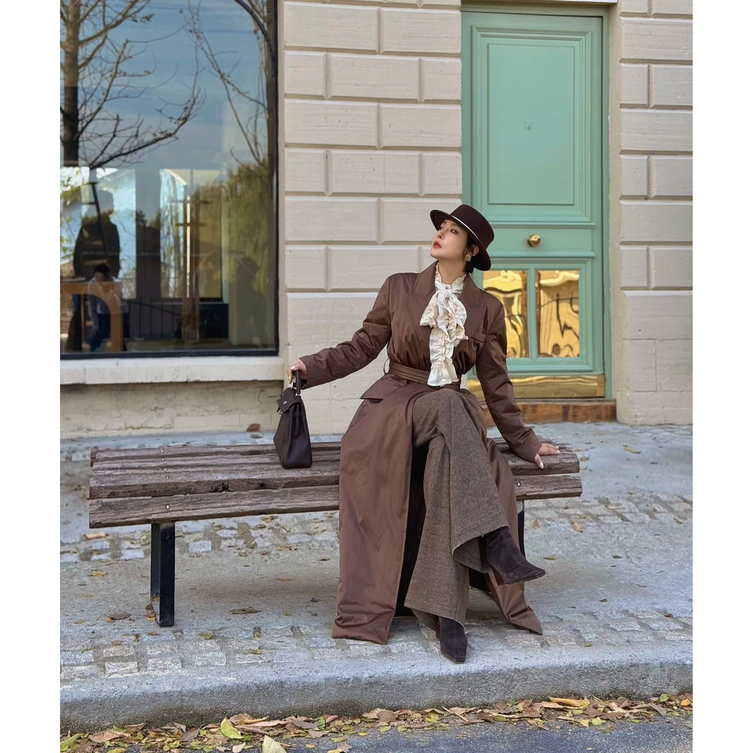 【柏林诗集】英气十足 超长款枪驳头西装领鹅绒百搭长羽绒服