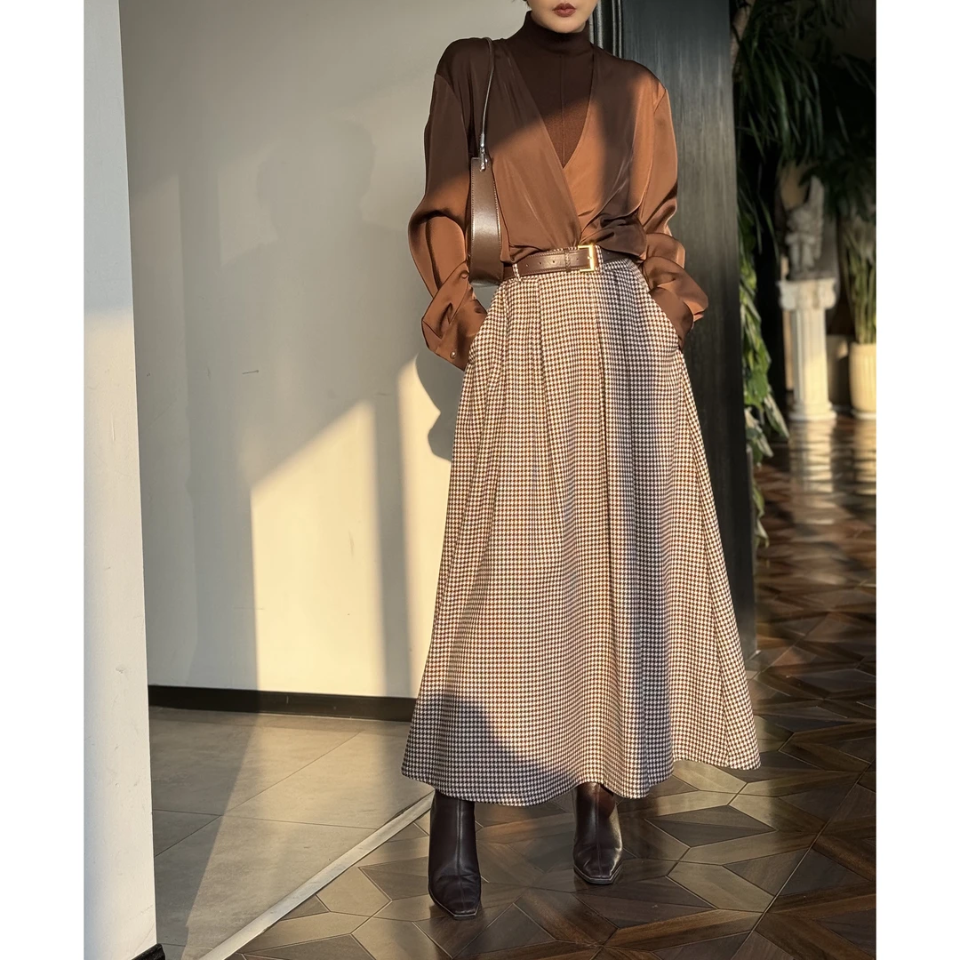 【文艺街】复古慵懒松紧腰柔软百搭冬季格子裙半身直筒A裙