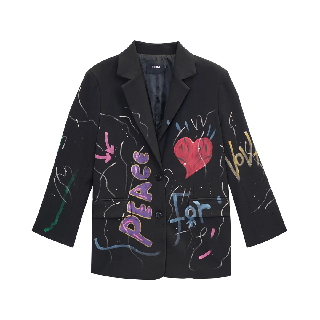 JEKUNI/桔古鸟笑脸涂鸦黑色西装外套女中长款手绘宽松显瘦