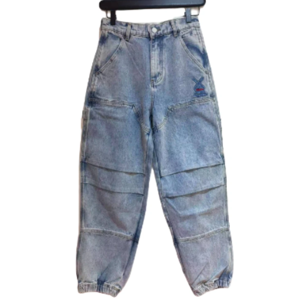 镇江-TCH潮牌烫钻做旧水洗褶皱蓝色束脚牛仔裤男女同款S69D208026