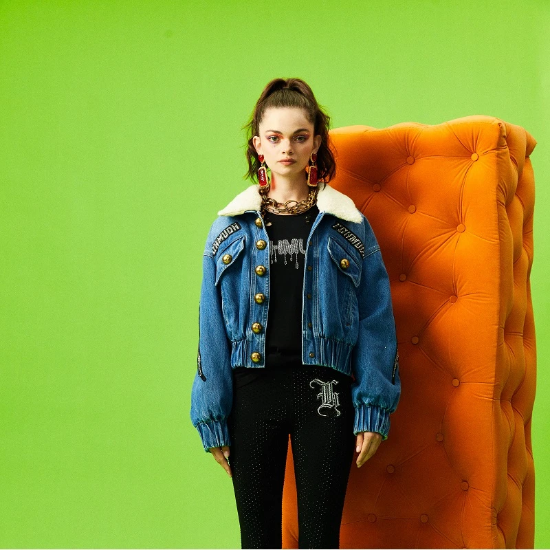 TCH服饰店播轻奢翅膀短款男女牛仔毛毛外套T66D068050