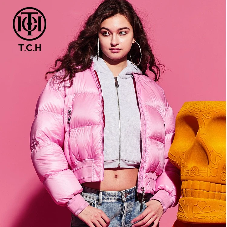 北京花乡烫钻潮流短款【热力感】粉色羽绒服T69D198058