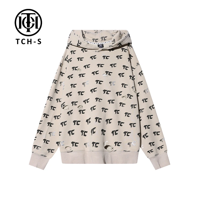 TCH服饰店播-TCH黑色宽松米色连帽秋冬长袖卫衣S69D128010