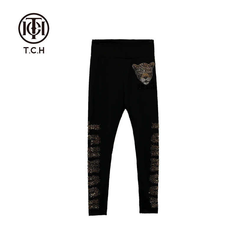 TCH服饰店播-潮牌字母高腰豹头彩钻休闲修身打底裤长裤T66C236013