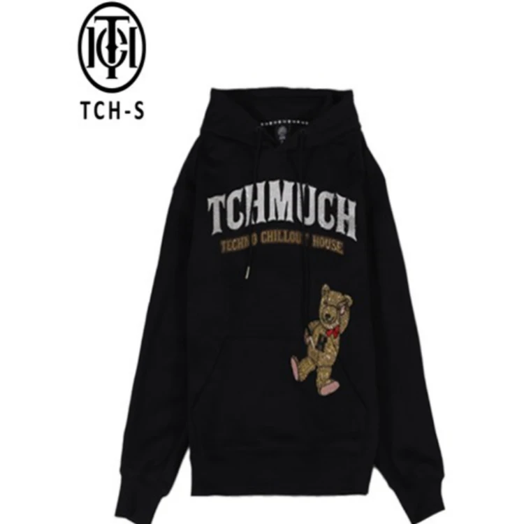 镇江-TCH潮牌小熊字母烫钻长袖情侣连帽秋冬黑色卫衣S66C129036