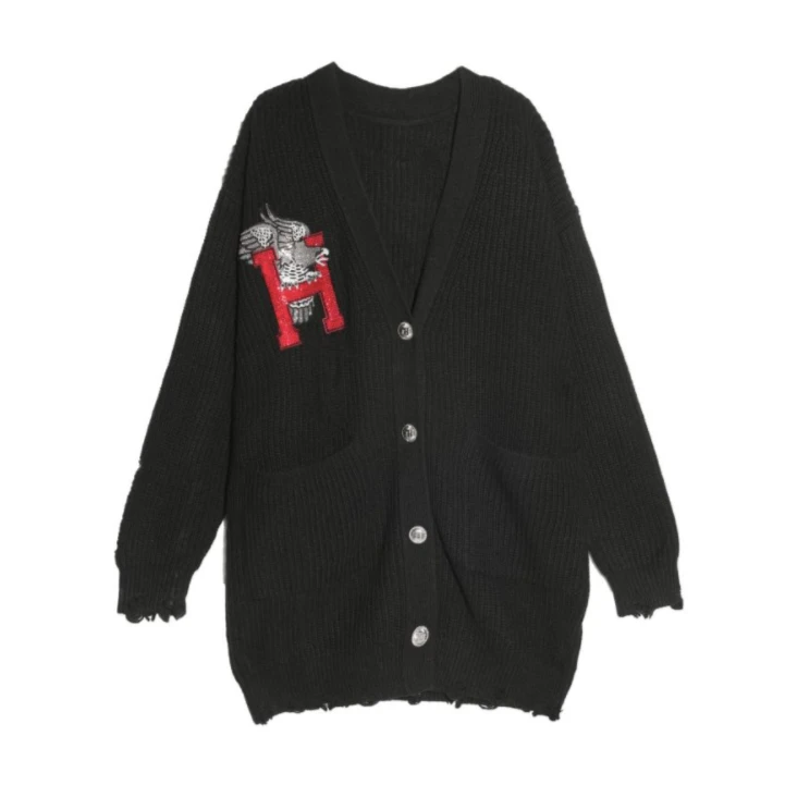 重庆TCH-TECHNOCHILLOUTHOUSE雄鹰花卉黑色针织开衫T21109C3002