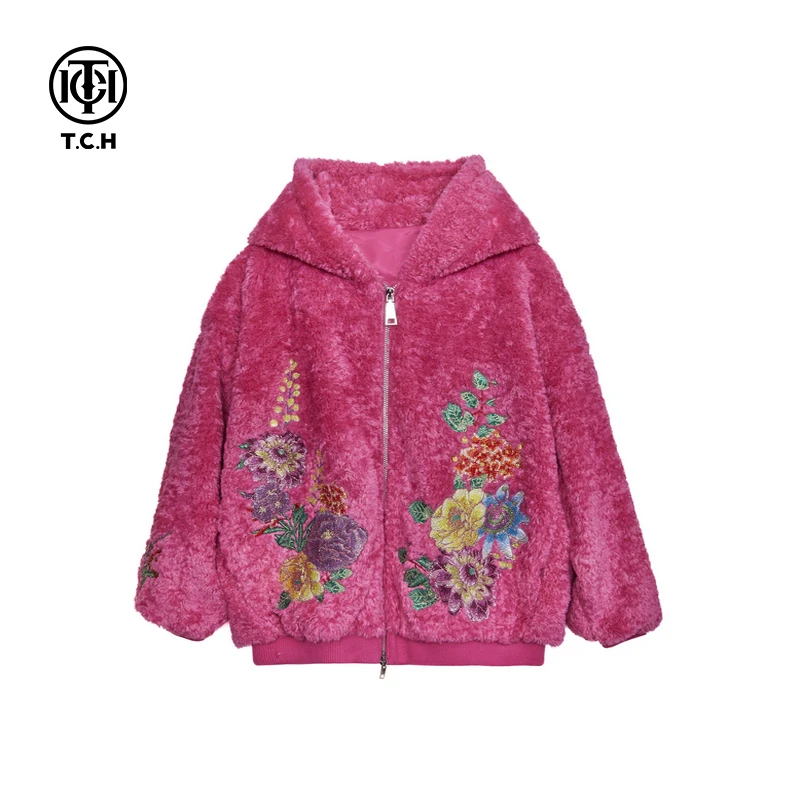 TCH服饰店播-潮牌烫钻花卉图案环保加厚保暖毛毛外套女T72D056028