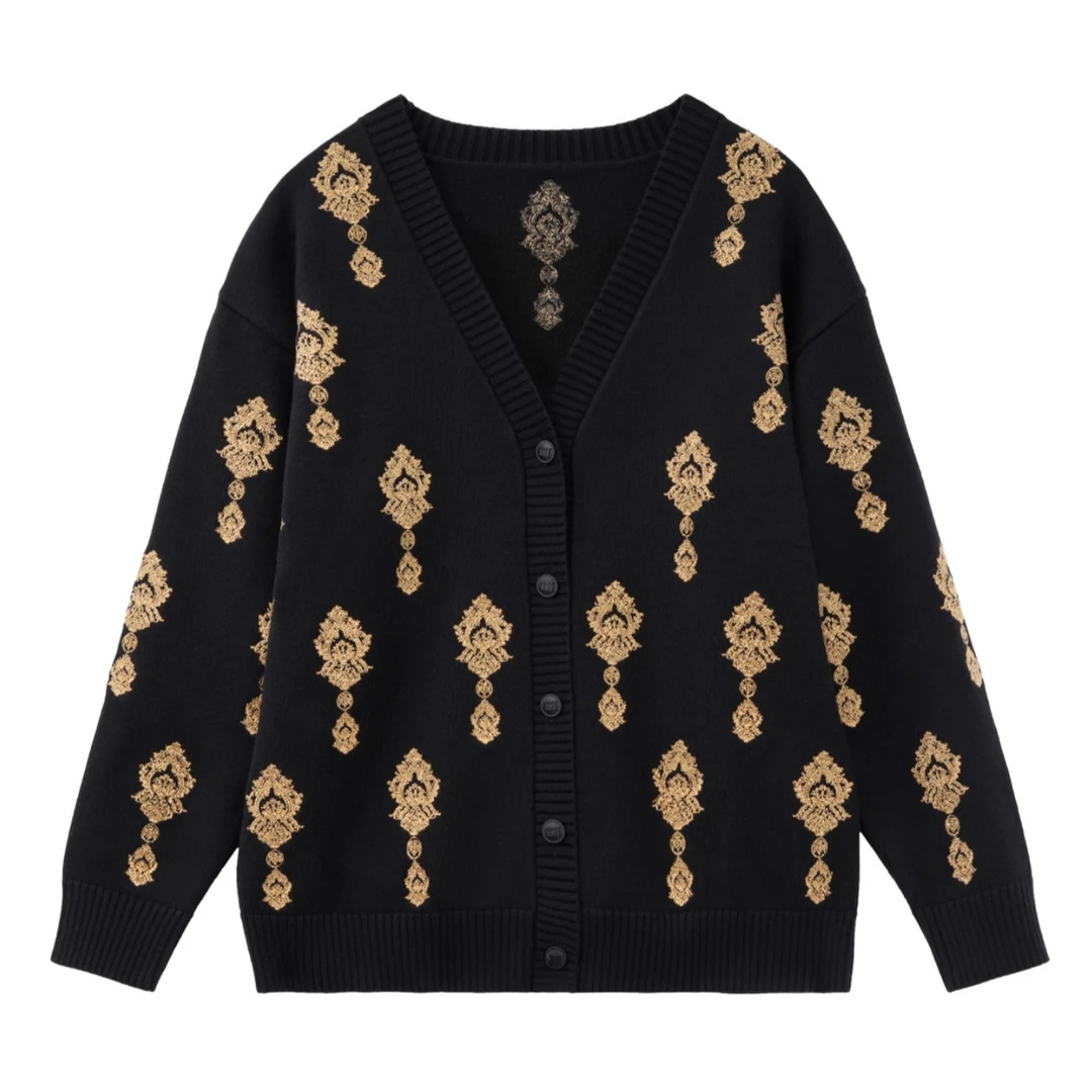 TCH服饰店播-潮牌老钱风刺绣金色珠宝黑色针织衫T72D438035