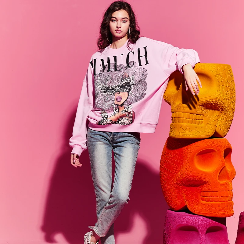 TCH店播-珍珠烫钻美人系列粉色圆领衫男女同款T69D116037