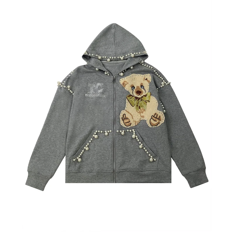 TCH服饰店播-高定手缝钻珍珠小熊刺绣灰色拉链衫外套T72C27E9018