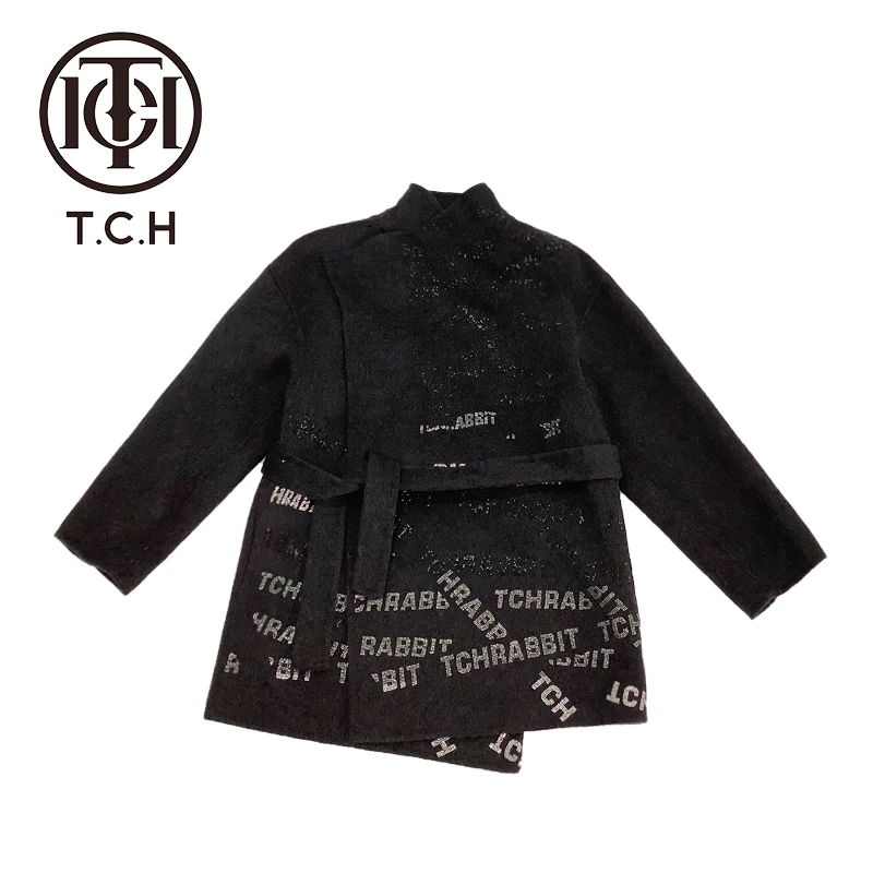 TCH服饰店播时尚涂鸦字母绵羊毛黑色秋季大衣风衣T72C28E9005