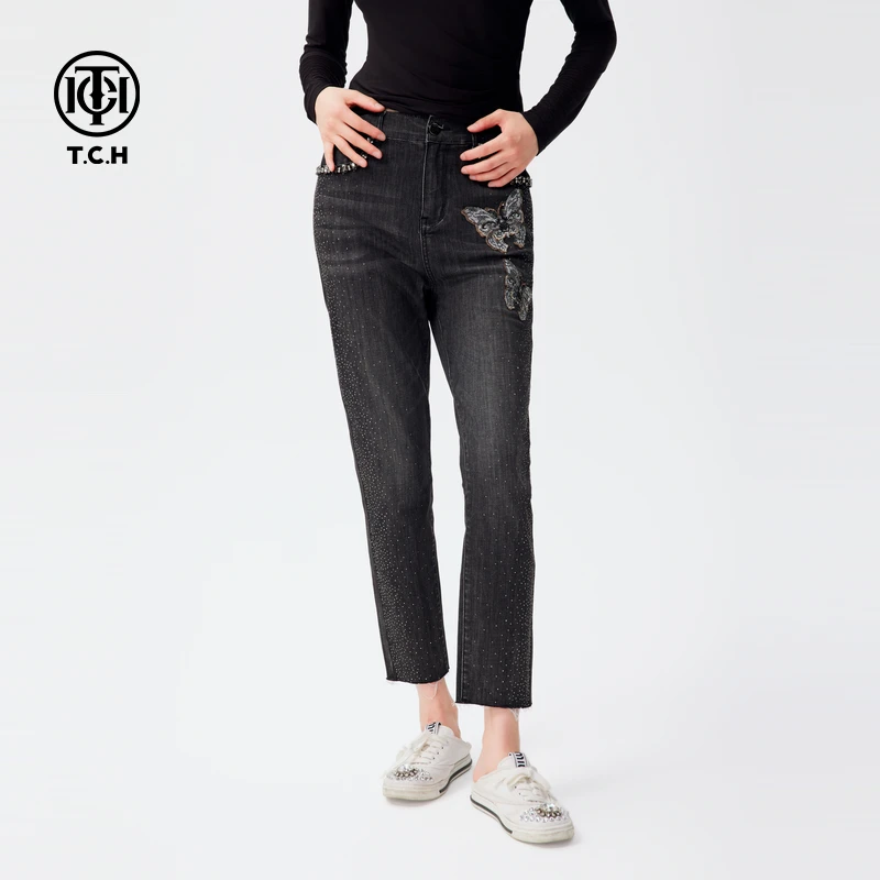TCH 潮牌蝴蝶烫钻高腰修身显瘦小脚牛仔裤烟管裤女2025新款