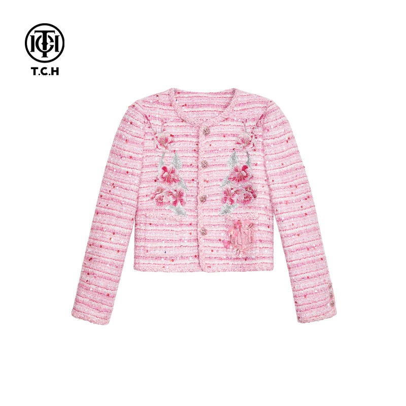 重庆-TCH粉色小香风外套女短款24秋冬新款时尚上衣T72C276007