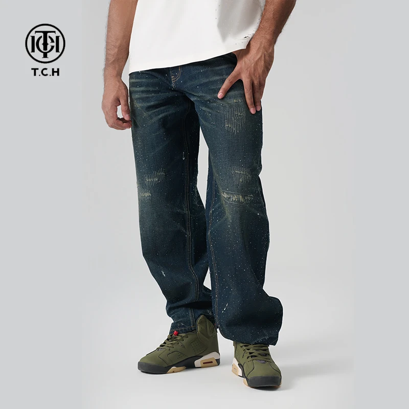 TCH服饰店播-25春夏新款高街复古不规则印花牛仔裤长裤T72A208003