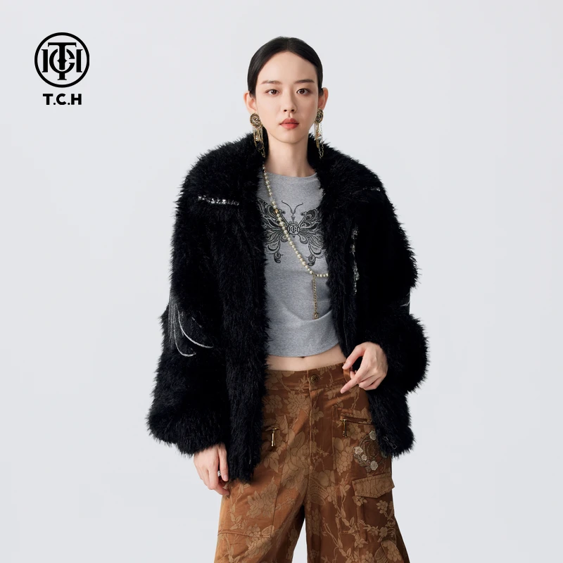 石景山TCH 潮牌烫钻蝴蝶结翅膀加厚保暖毛毛外套T72D056011