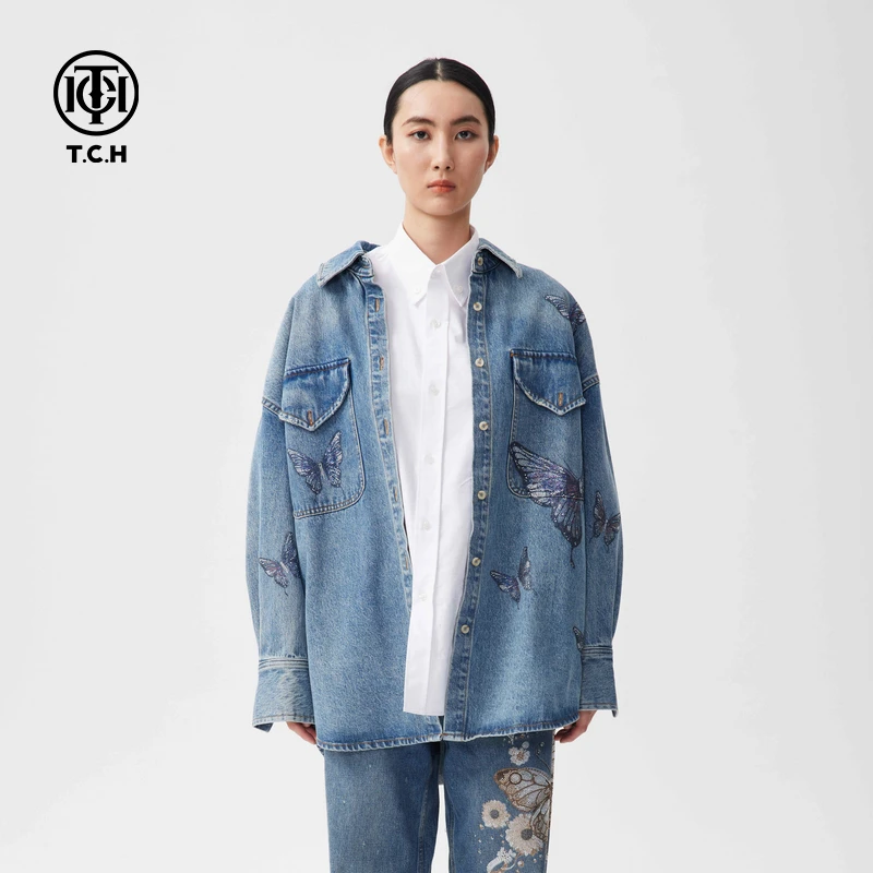 石景山TCH美式中长款牛仔外套女25秋冬新款夹克上衣T72C068003