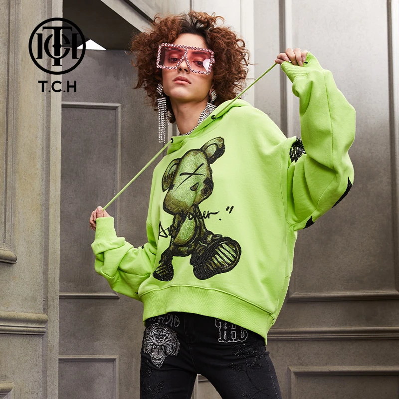 轻奢-TECHNO CHILLOUT HOUSE潮牌暴力熊翅膀绿色帽衫T211126021