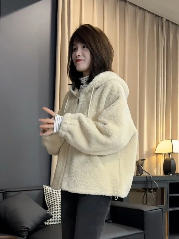 高级感连帽羊羔毛外套女加厚2024秋冬新款宽松显瘦小个子气质上衣