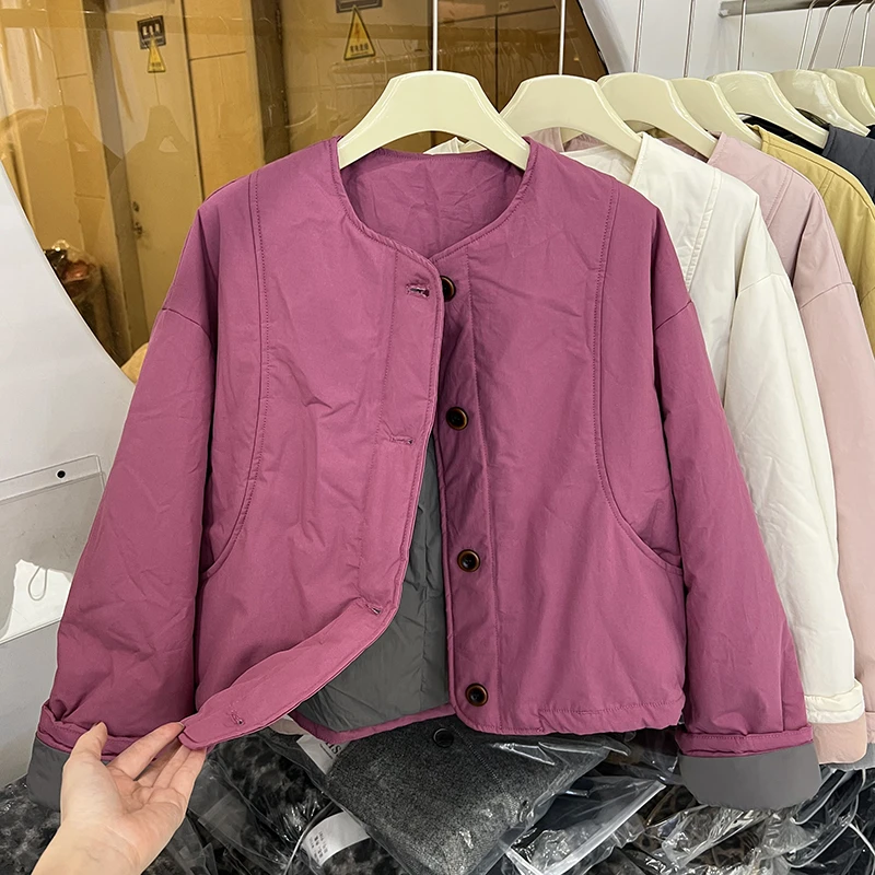 撞色短款圆领夹棉外套女冬季新款2024高级感气质时尚减龄棉衣棉服