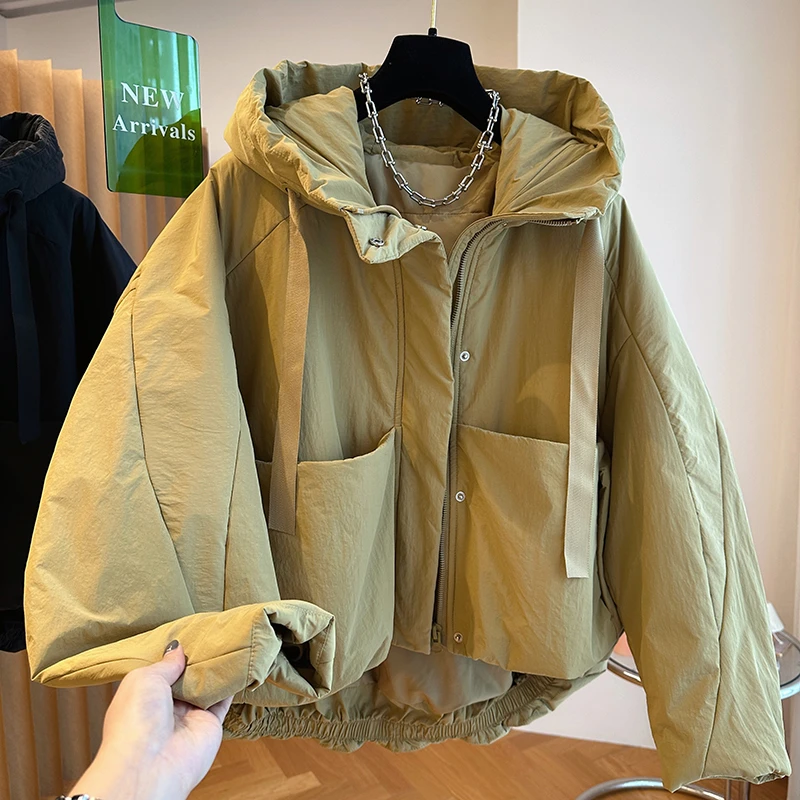 2024新款韩版宽松休闲大口袋连帽棉服女冬季短款前短后长棉衣外套
