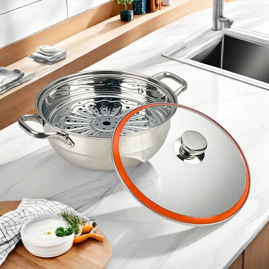 上钢30CM蒸汤锅火锅不锈钢一体成型加厚大容量高硼硅可视化玻璃盖