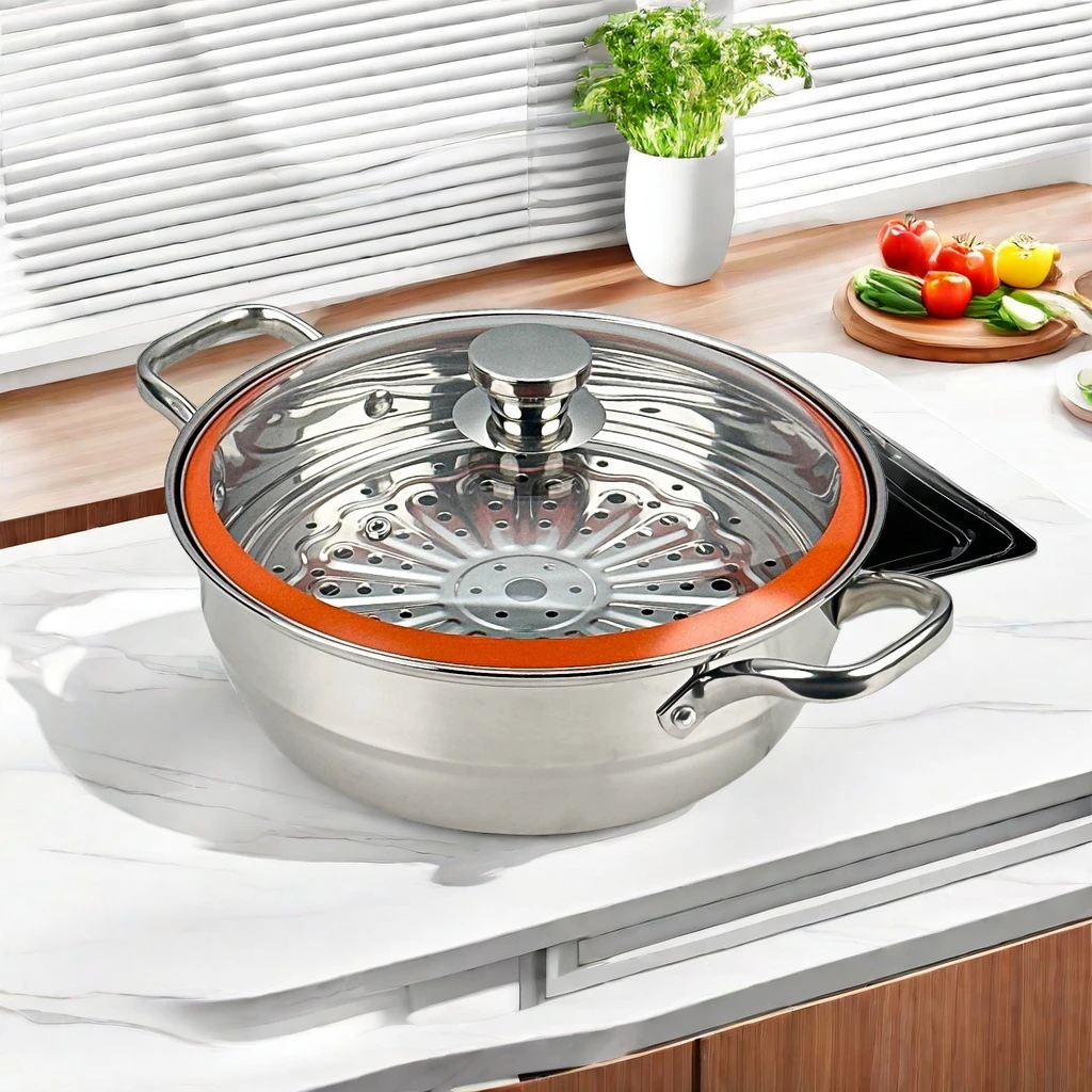 上钢30CM不锈钢蒸汤锅一体成型火锅蒸锅大容量高硼硅可视化玻璃盖