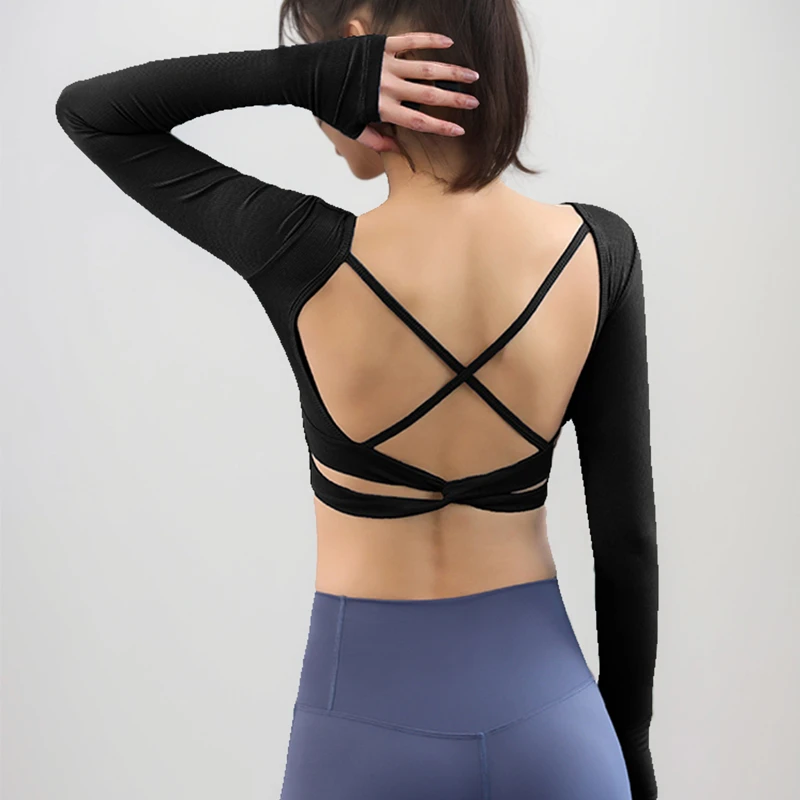 露脐短款扭结美背瑜伽长袖速干自带胸垫紧身透气吸湿排汗运动T恤