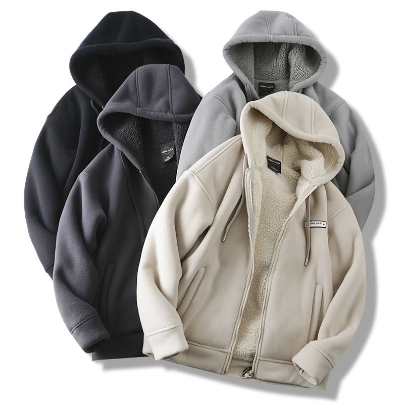 冬季加绒加厚摇粒绒外套男士连帽保暖户外夹克休闲宽松男外套