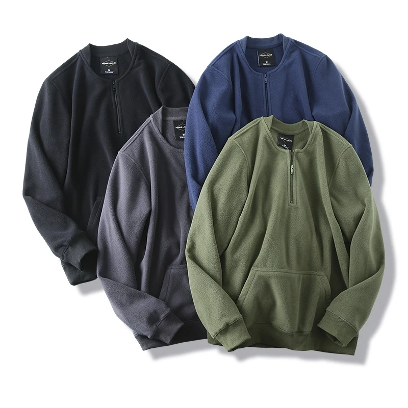 秋冬季日系加厚抓绒摇粒绒袋鼠兜加绒半拉链卫衣男士保暖外套头衫