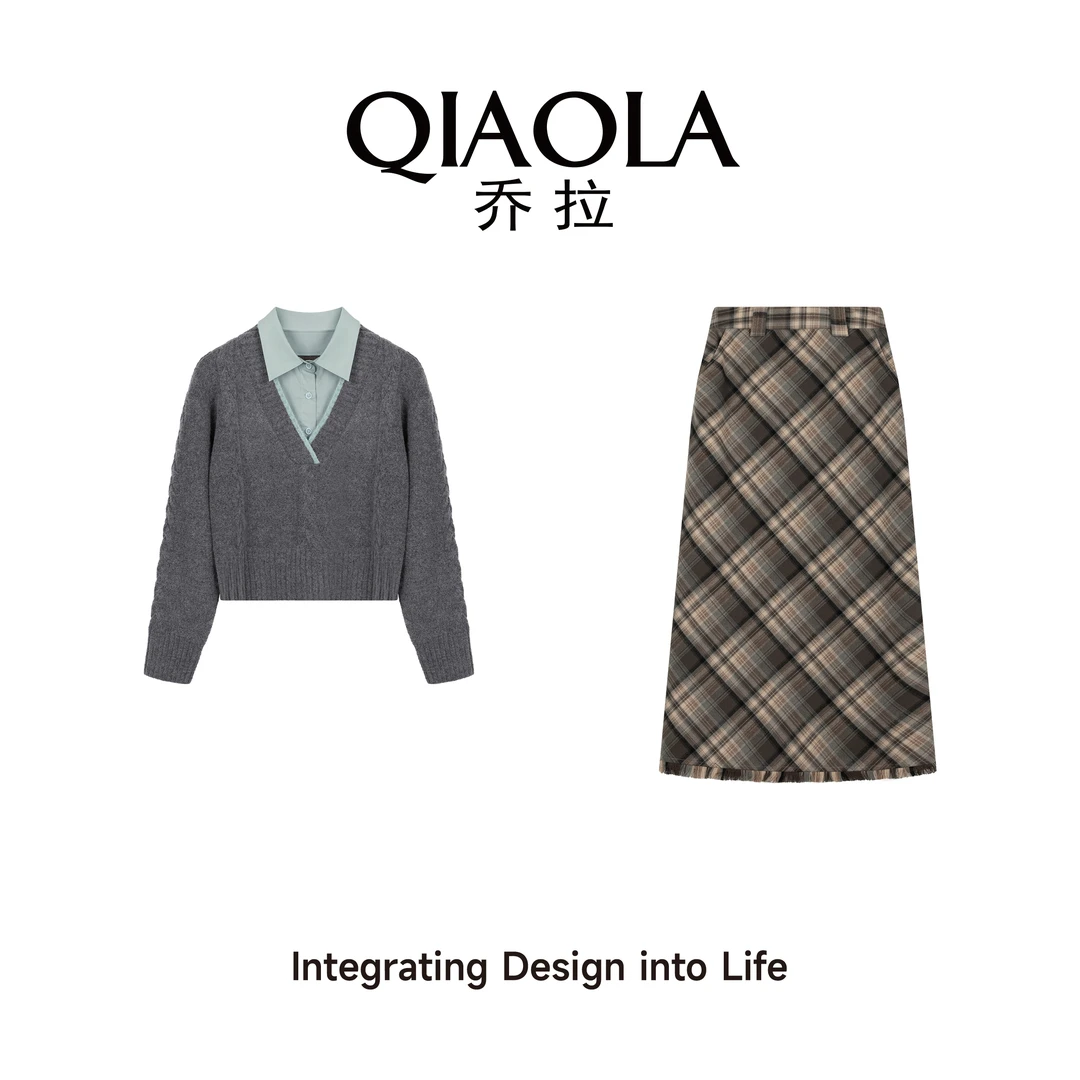 QIAOLA/乔拉【雾中漫步】秋冬季毛织拼接假两件格纹A版时尚套装