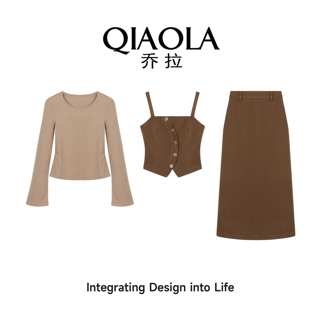 QIAOLA/乔拉【琥珀松林】秋冬款针织衫圆领A版调节扣时尚套装