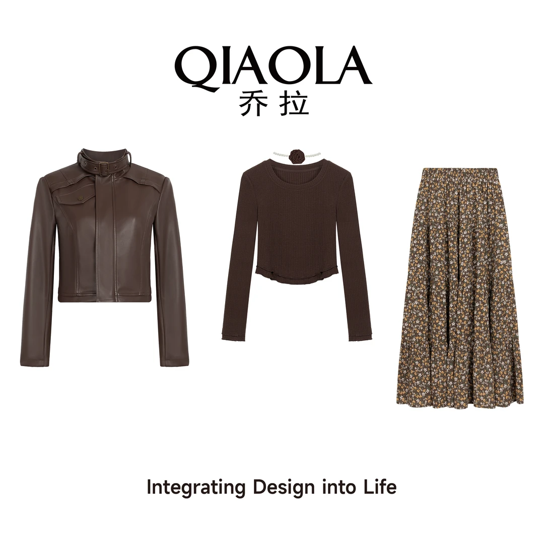 QIAOLA/乔拉【焦糖游记】秋冬季坑条针织碎花皮衣减龄时尚套装