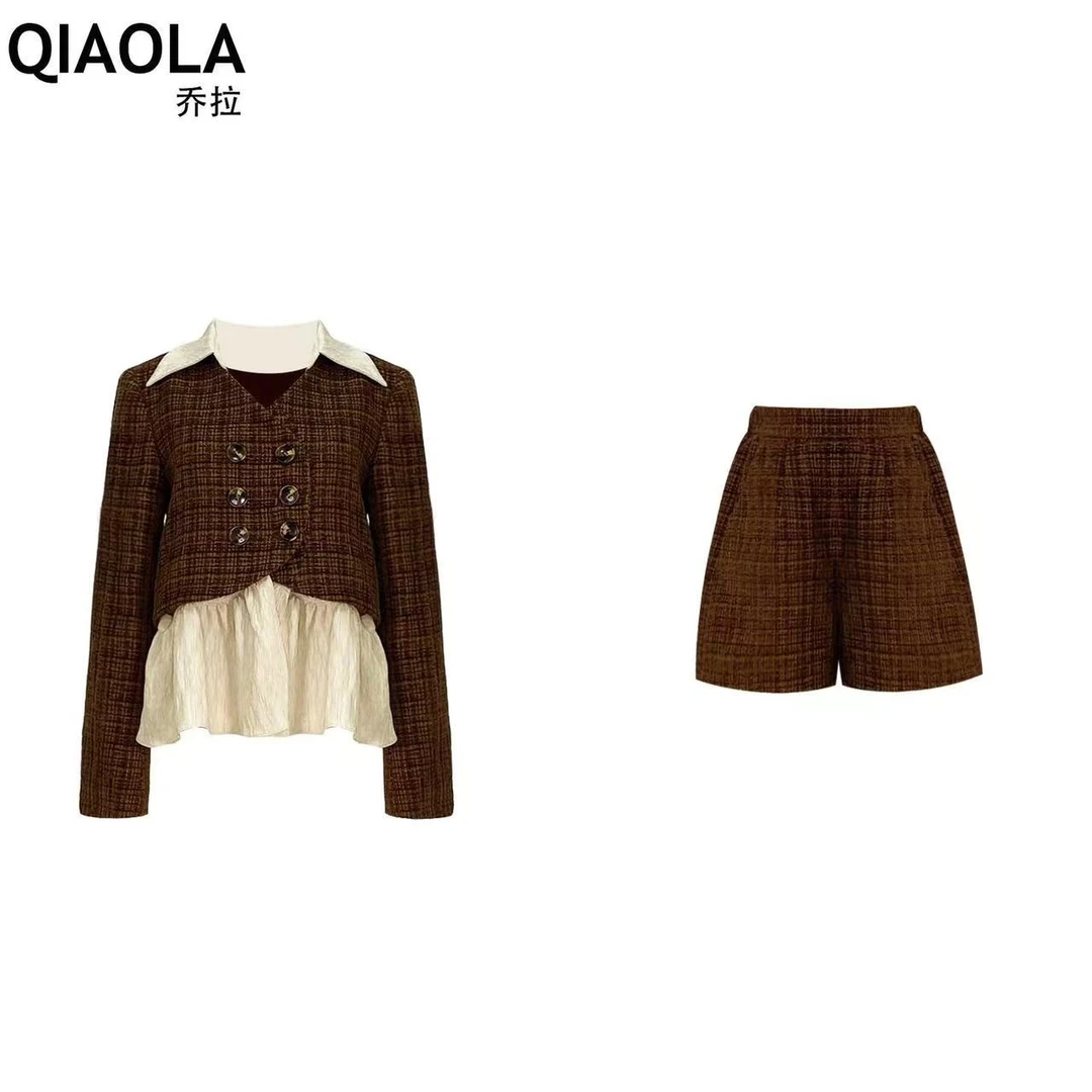 QIAOLA/乔拉【焦糖慕斯】秋款小香风梭织格纹收腰显瘦时尚套装预售