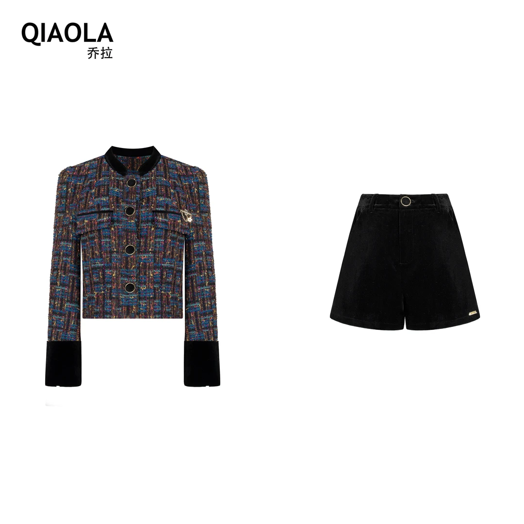 【霓虹之约】小众设计秋冬款定制彩色编织小香风单排扣丝绒外套套